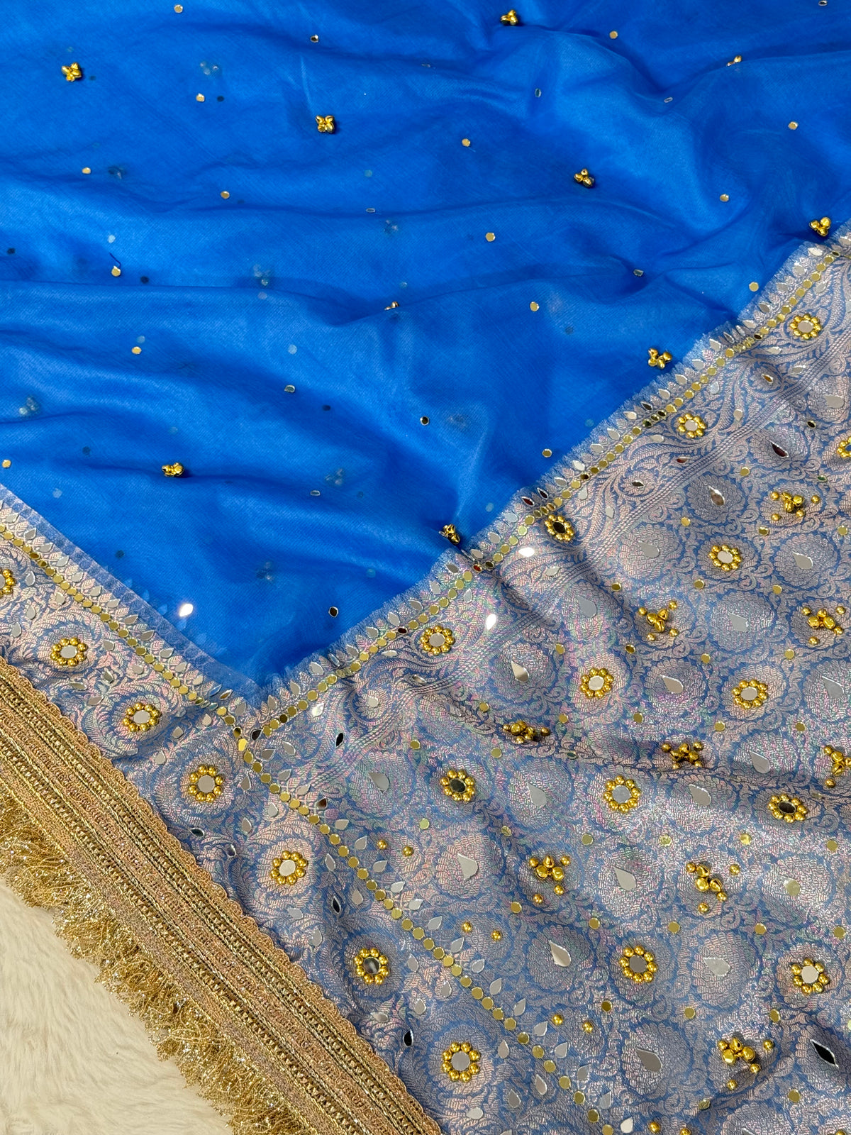 Banarasi Ghunghru and Mirror Work Kora Silk Saree