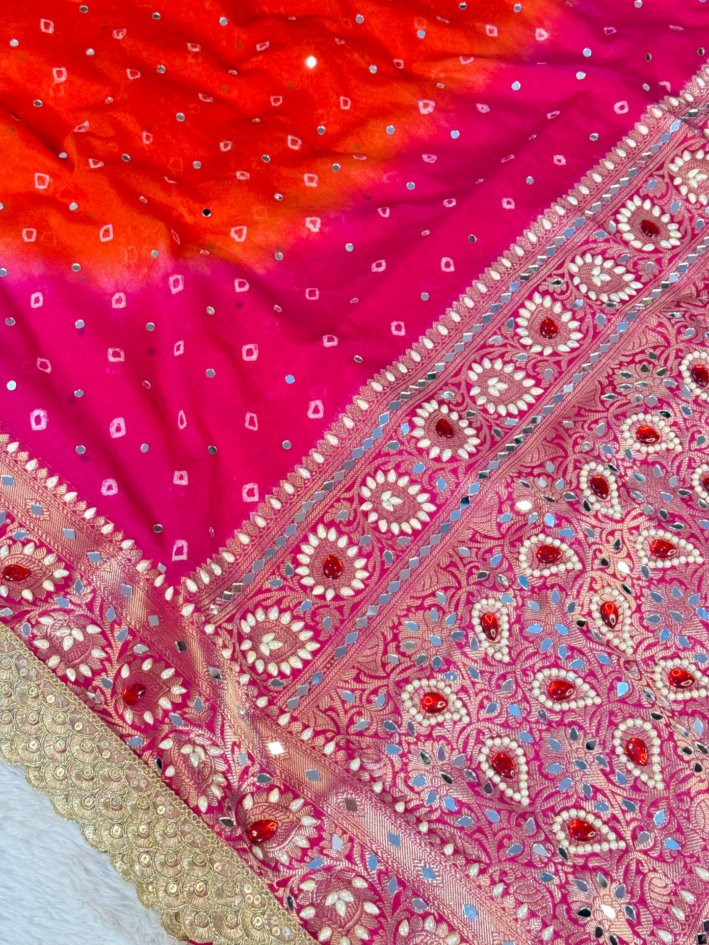 Banarasi Mirror Work Bandhej Georgette Silk Saree
