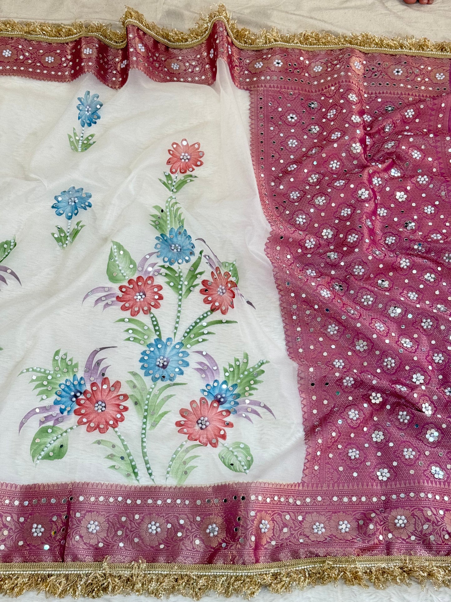 Banarasi Mirror Work Kora Silk Saree