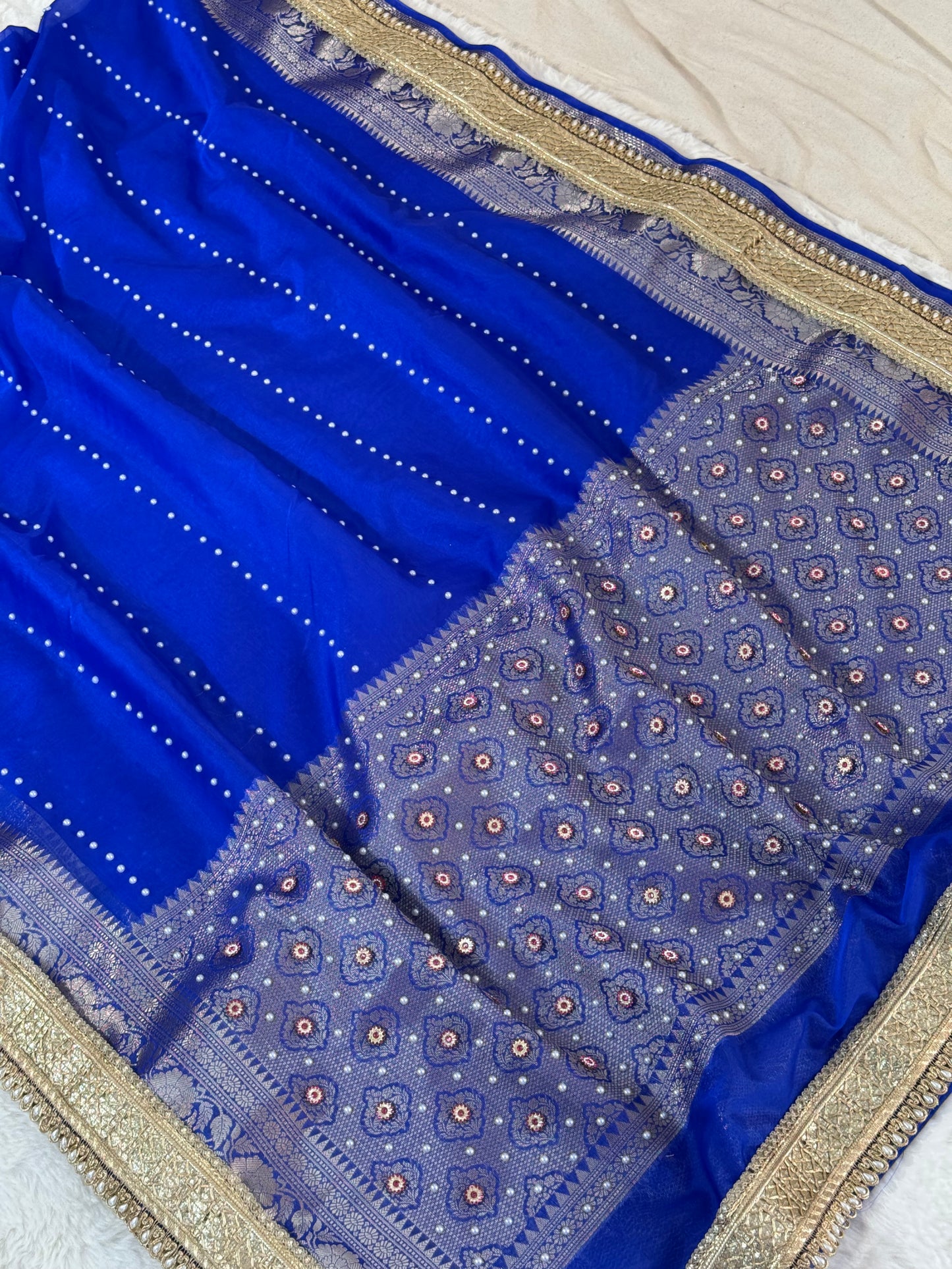 Banarasi Handloom Pearl Work Kora Silk Saree