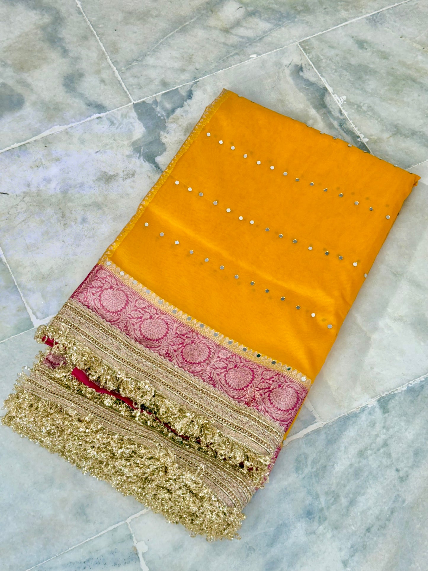 Banarasi Mirror Work Kora Silk Saree