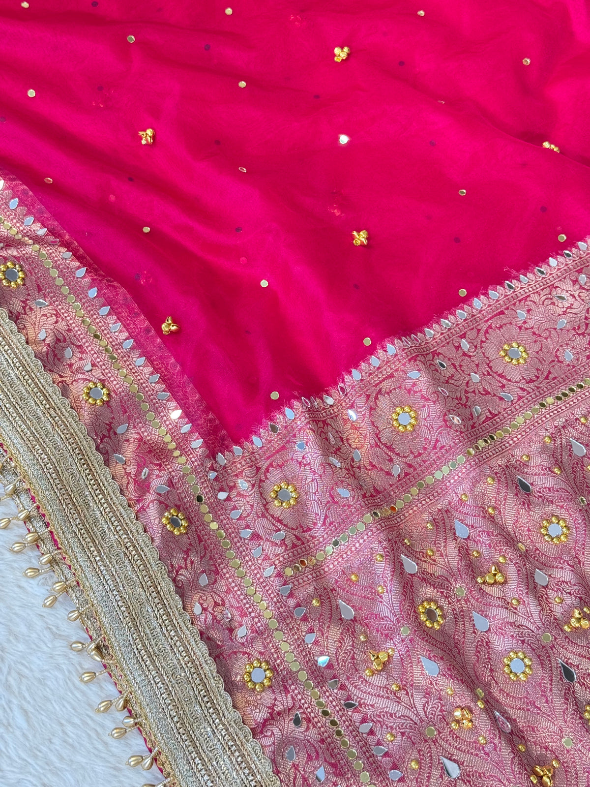Banarasi Ghunghru and Mirror Work Kora Silk Saree