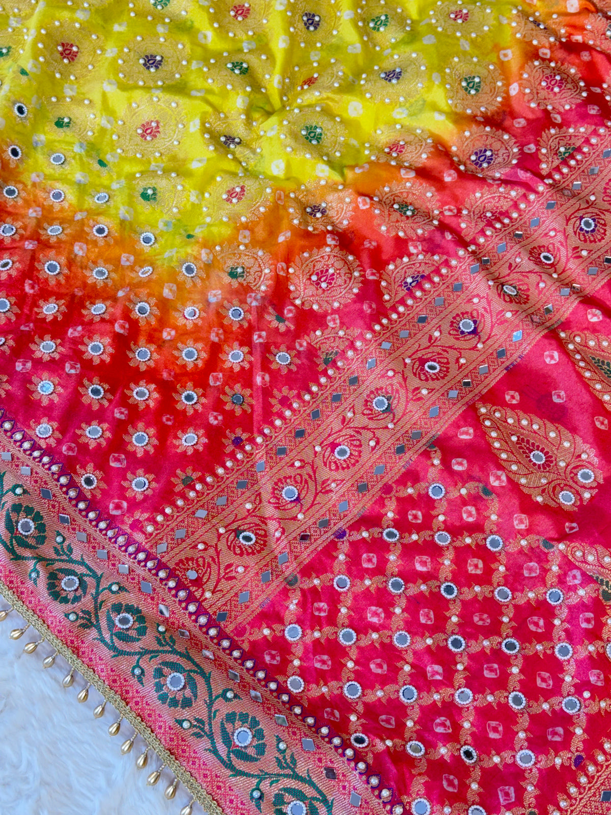 Banarasi Mirror Work Bandhej Soft Silk Saree