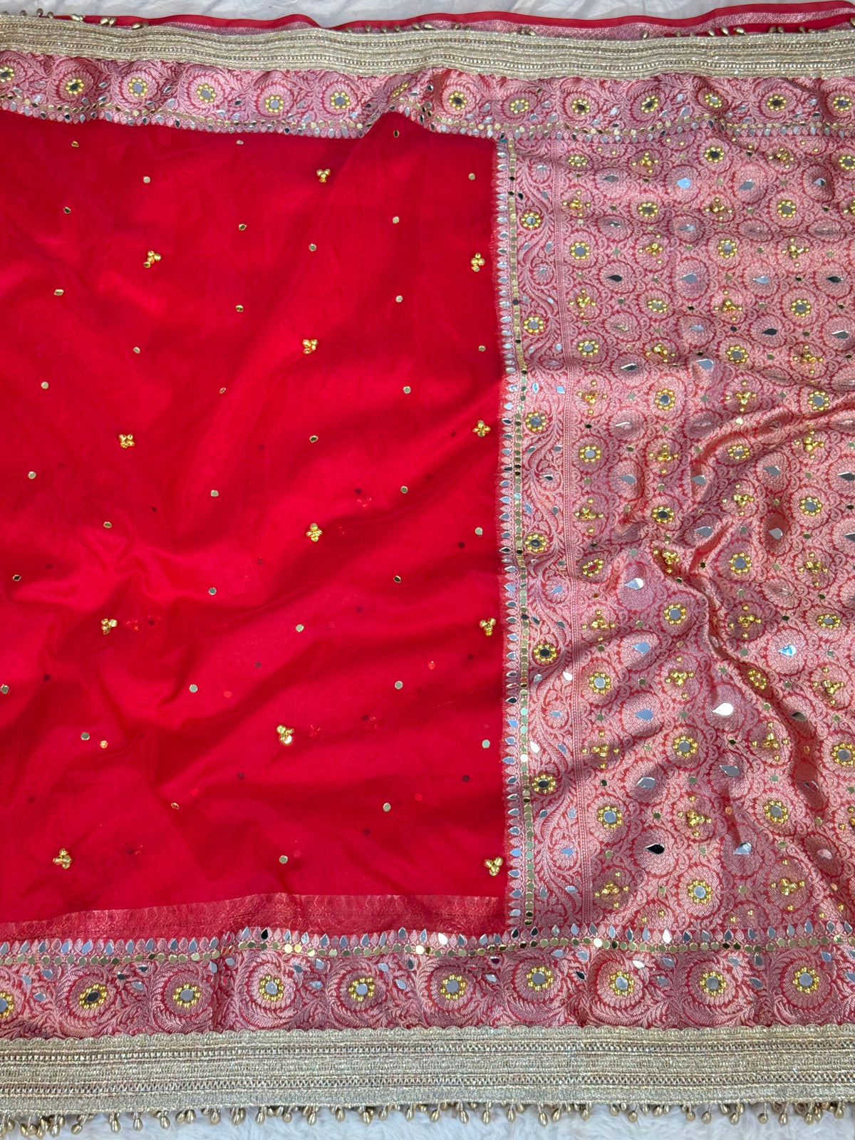 Banarasi Ghunghru and Mirror Work Kora Silk Saree