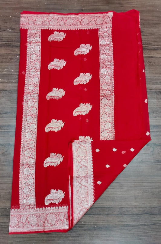 Banarasi Khaddi Georgette Pure Silk Kaduwa Weaving Silver Zari Saree