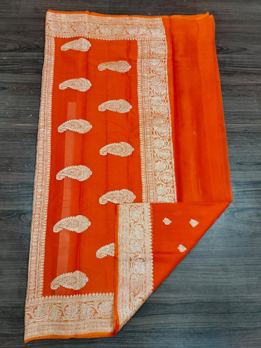 Banarasi Khaddi Georgette Pure Silk Kaduwa Weaving Silver Zari Saree