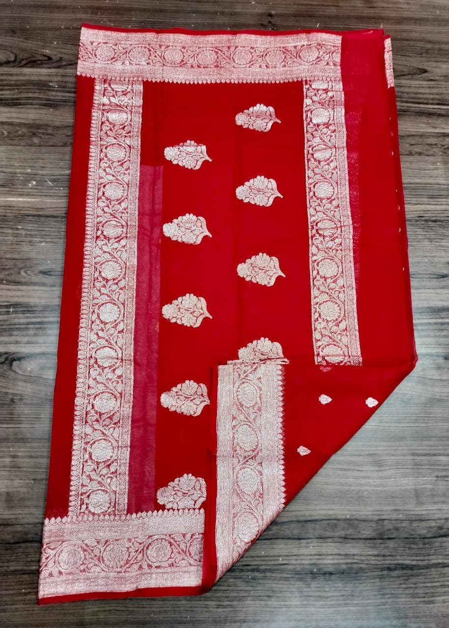 Banarasi Khaddi Georgette Pure Silk Kaduwa Weaving Silver Zari Saree