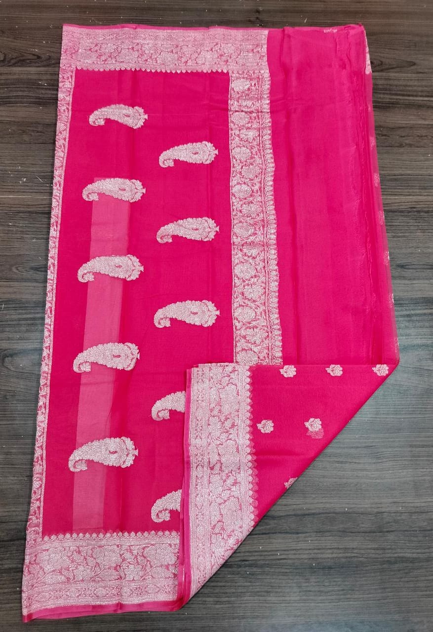 Banarasi Khaddi Georgette Pure Silk Kaduwa Weaving Silver Zari Saree