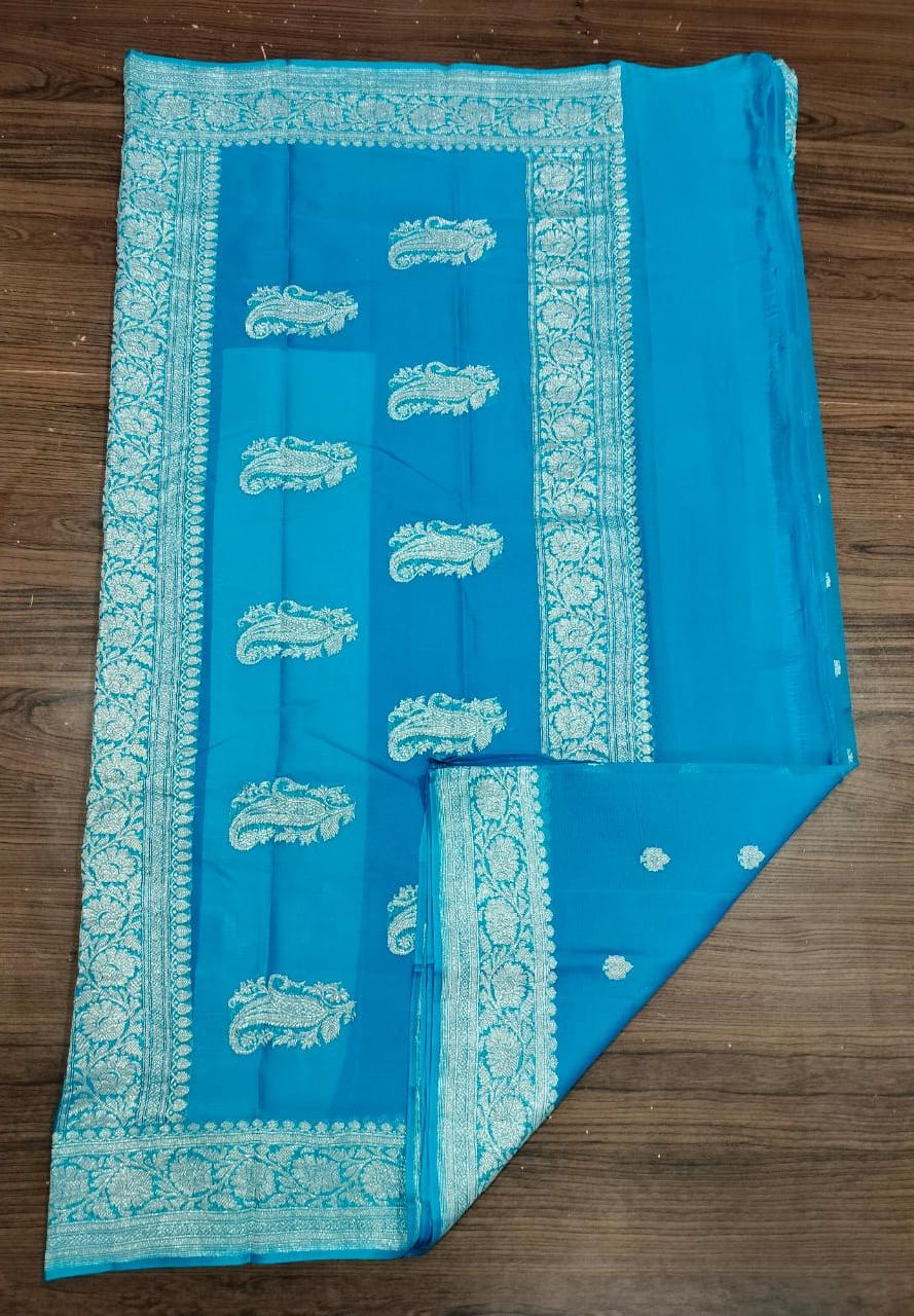 Banarasi Khaddi Georgette Pure Silk Kaduwa Weaving Silver Zari Saree