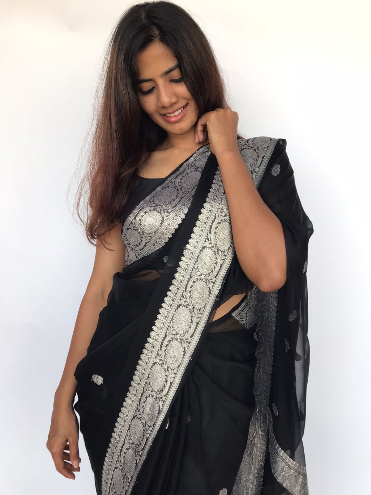 Banarasi Khaddi Georgette Pure Silk Kaduwa Weaving Silver Zari Saree