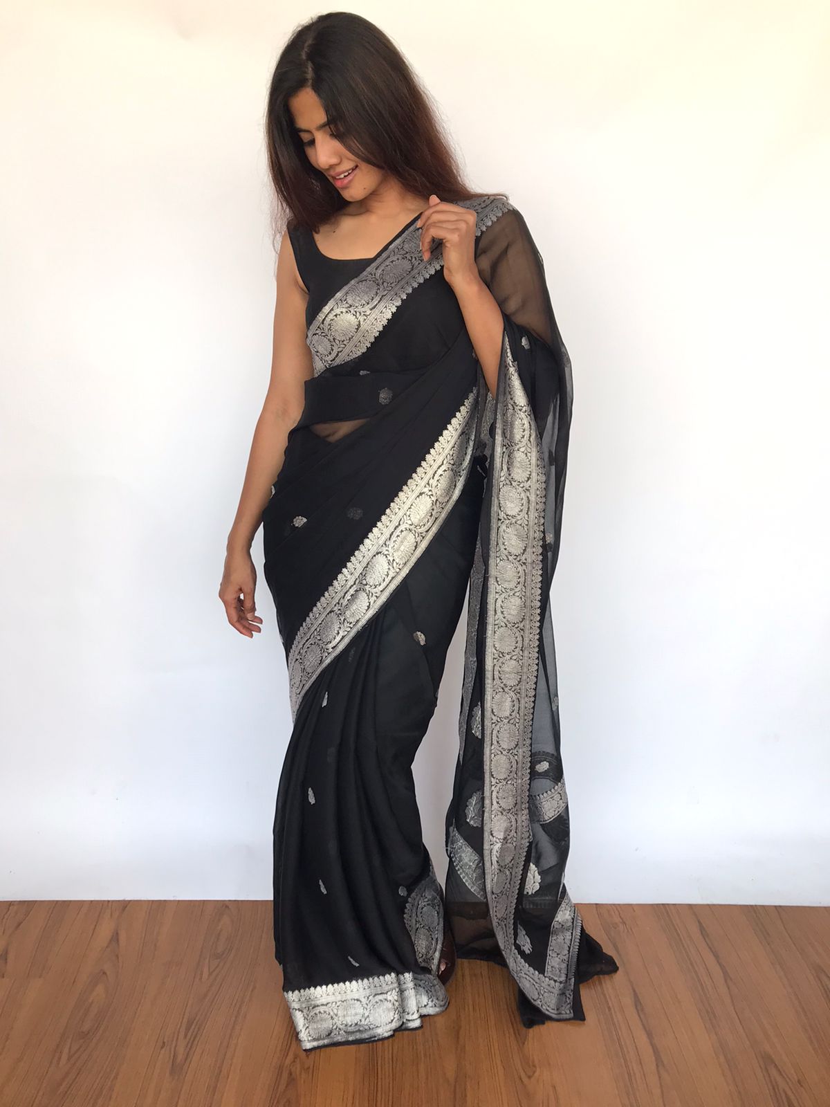 Banarasi Khaddi Georgette Pure Silk Kaduwa Weaving Silver Zari Saree