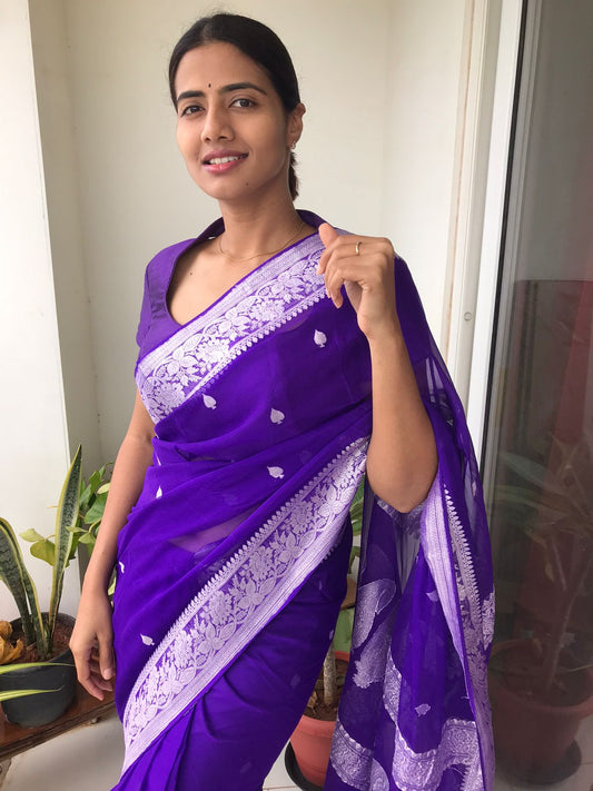 Banarasi Khaddi Georgette Pure Silk Kaduwa Weaving Silver Zari Saree