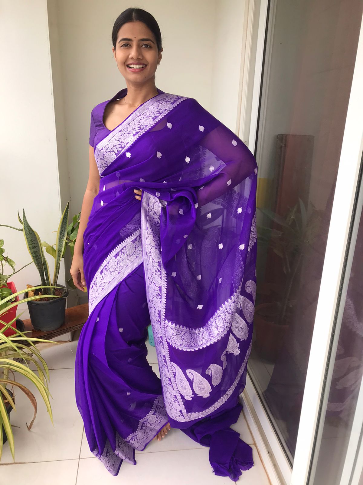Banarasi Khaddi Georgette Pure Silk Kaduwa Weaving Silver Zari Saree
