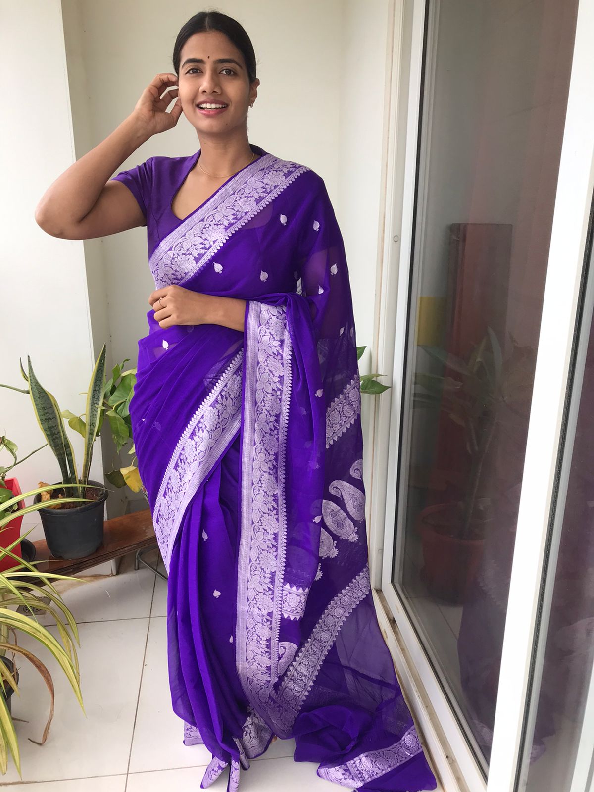 Banarasi Khaddi Georgette Pure Silk Kaduwa Weaving Silver Zari Saree