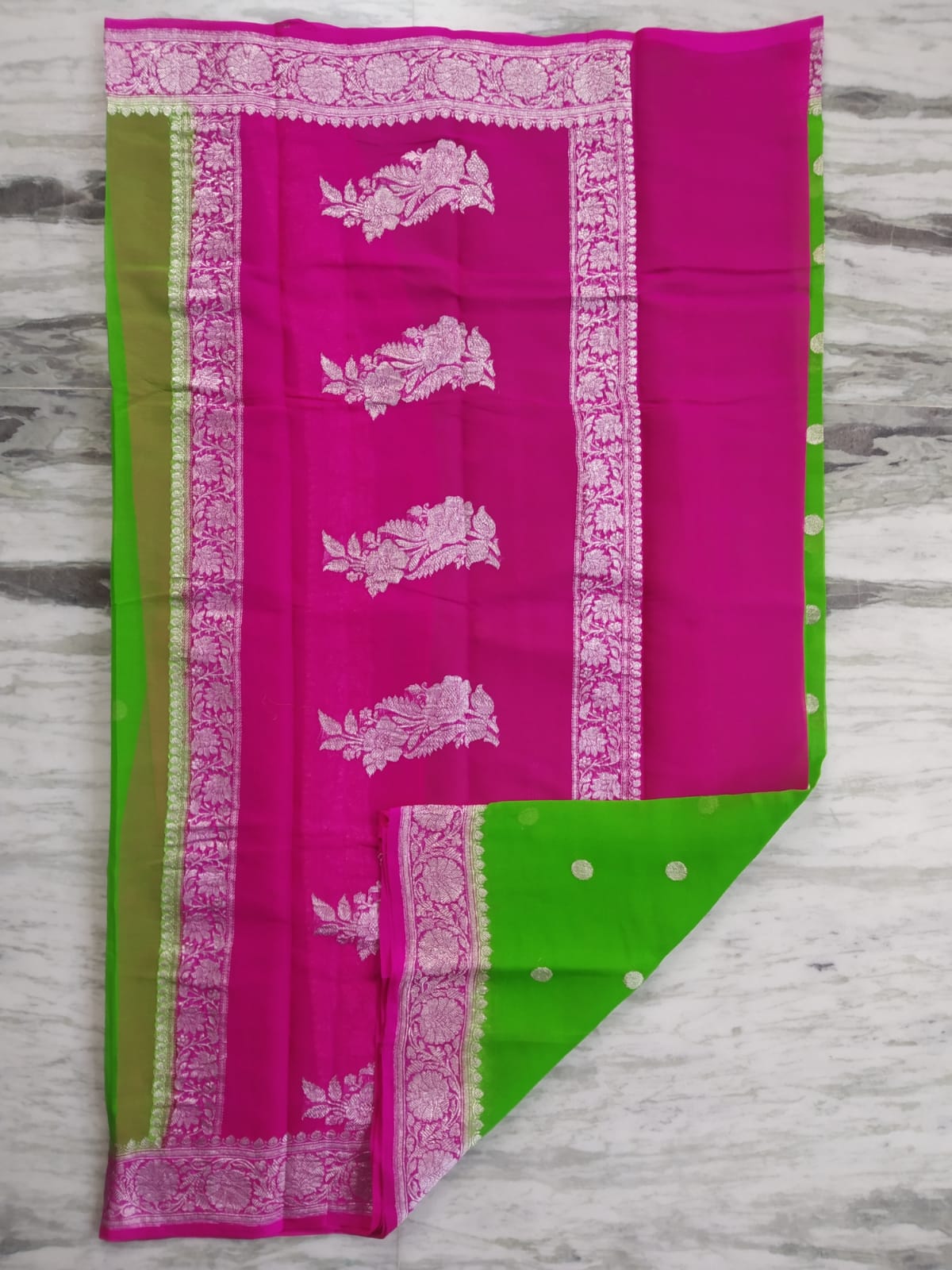 Banarasi Khaddi Georgette Pure Silk Kaduwa Weaving Silver Zari Saree