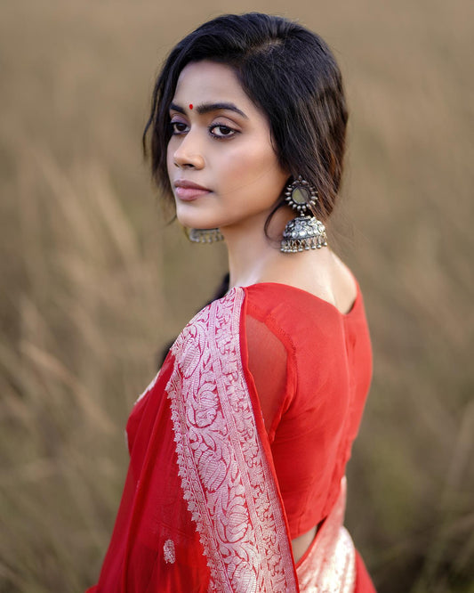 Banarasi Khaddi Georgette Pure Silk Kaduwa Weaving Silver Zari Saree