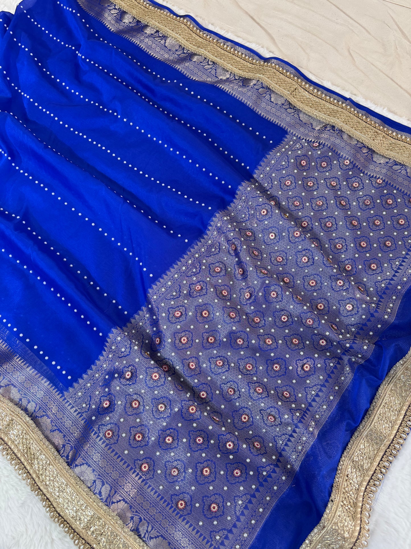 Banarasi Handloom Pearl Work Kora Silk Saree