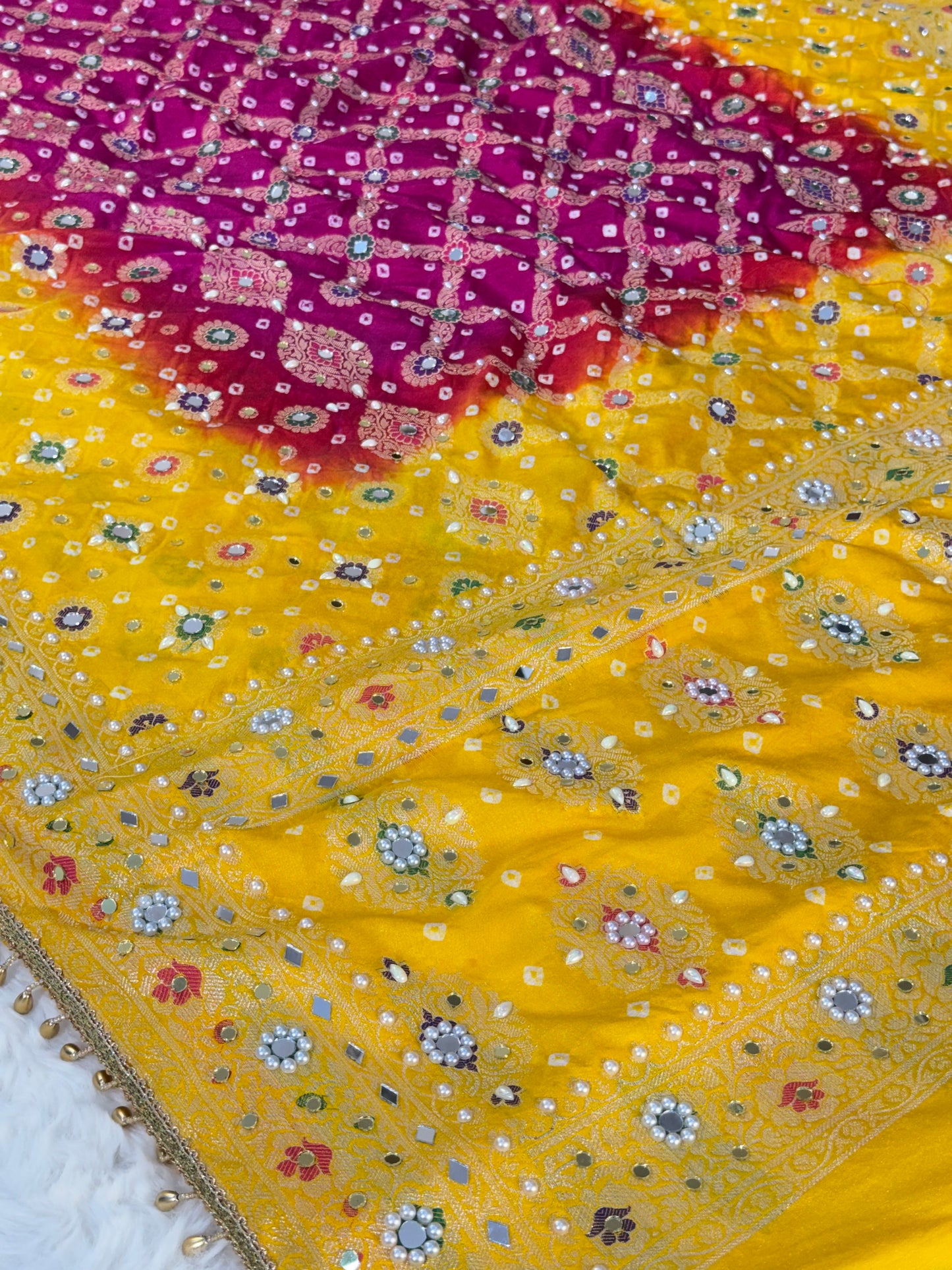 Banarasi Mirror Work Bandhej Soft Silk Saree