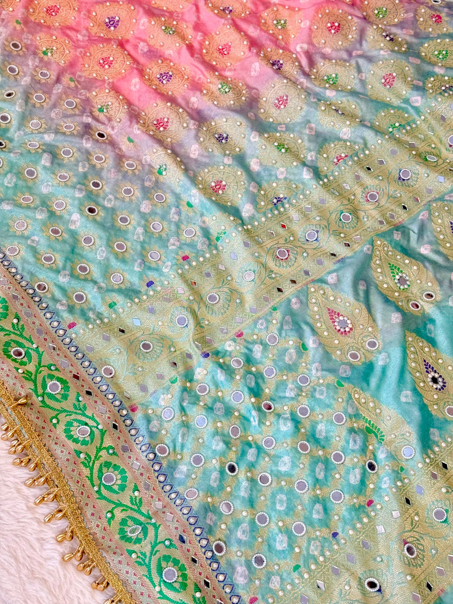 Banarasi Mirror Work Bandhej Soft Silk Saree