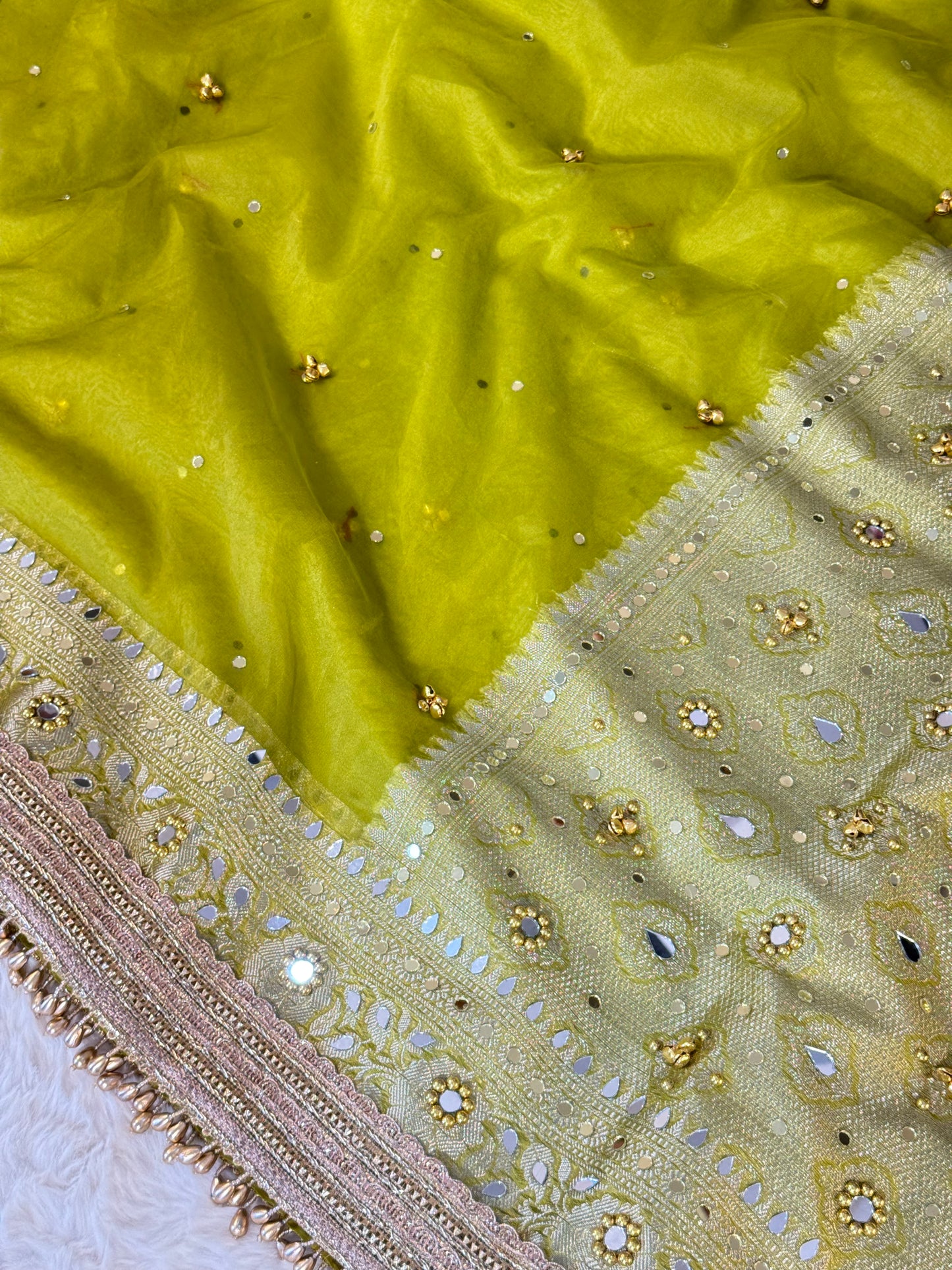 Banarasi Ghunghru and Mirror Work Kora Silk Saree
