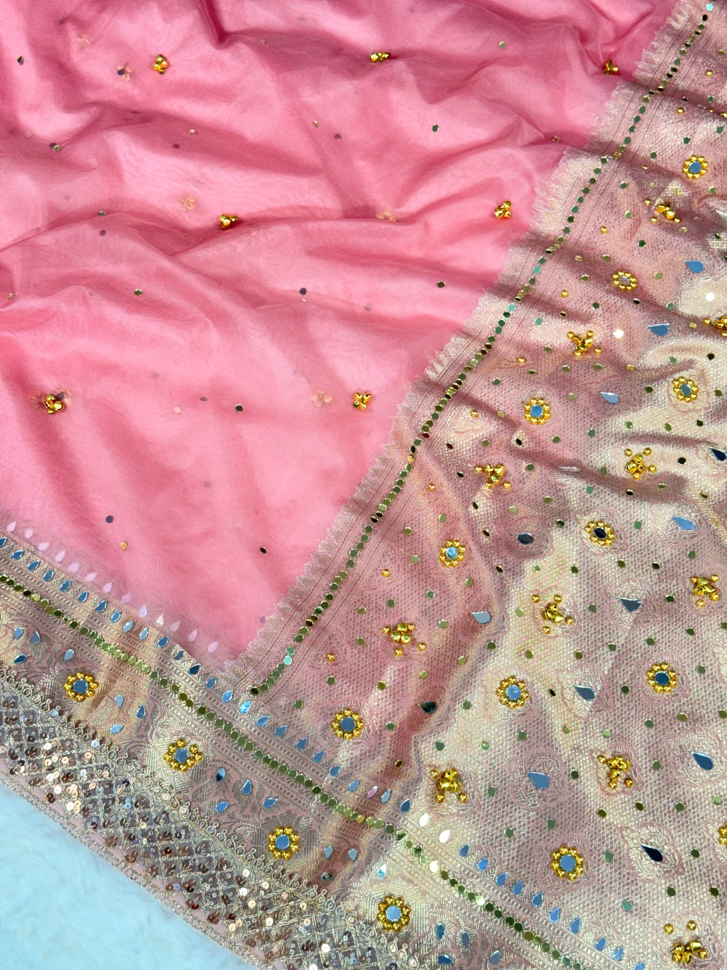 Banarasi Ghunghru and Mirror Work Kora Silk Saree