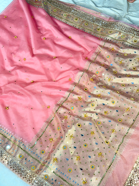 Banarasi Ghunghru and Mirror Work Kora Silk Saree