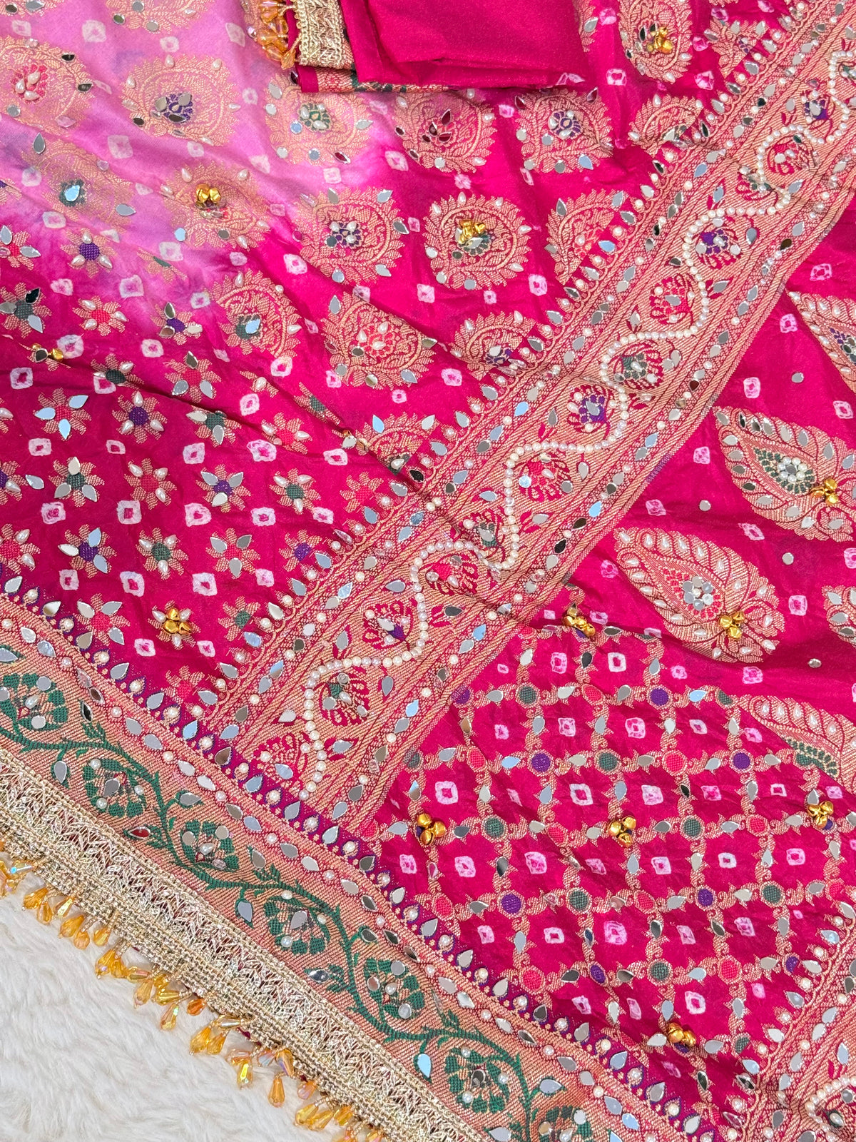 Banarasi Ghunghru and Mirror Work Bandhej Soft Silk Saree