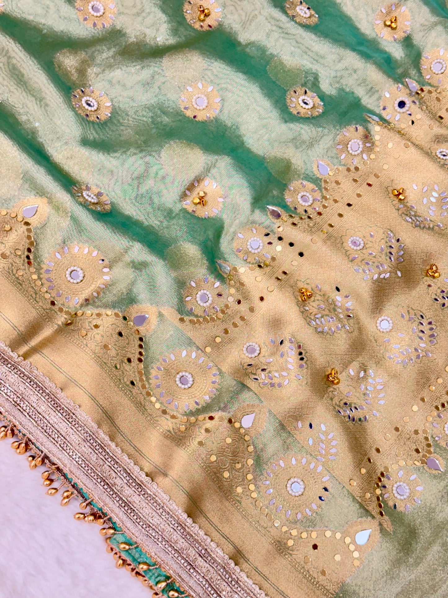 Banarasi Ghunghru and Mirror Work Tissue Silk Saree