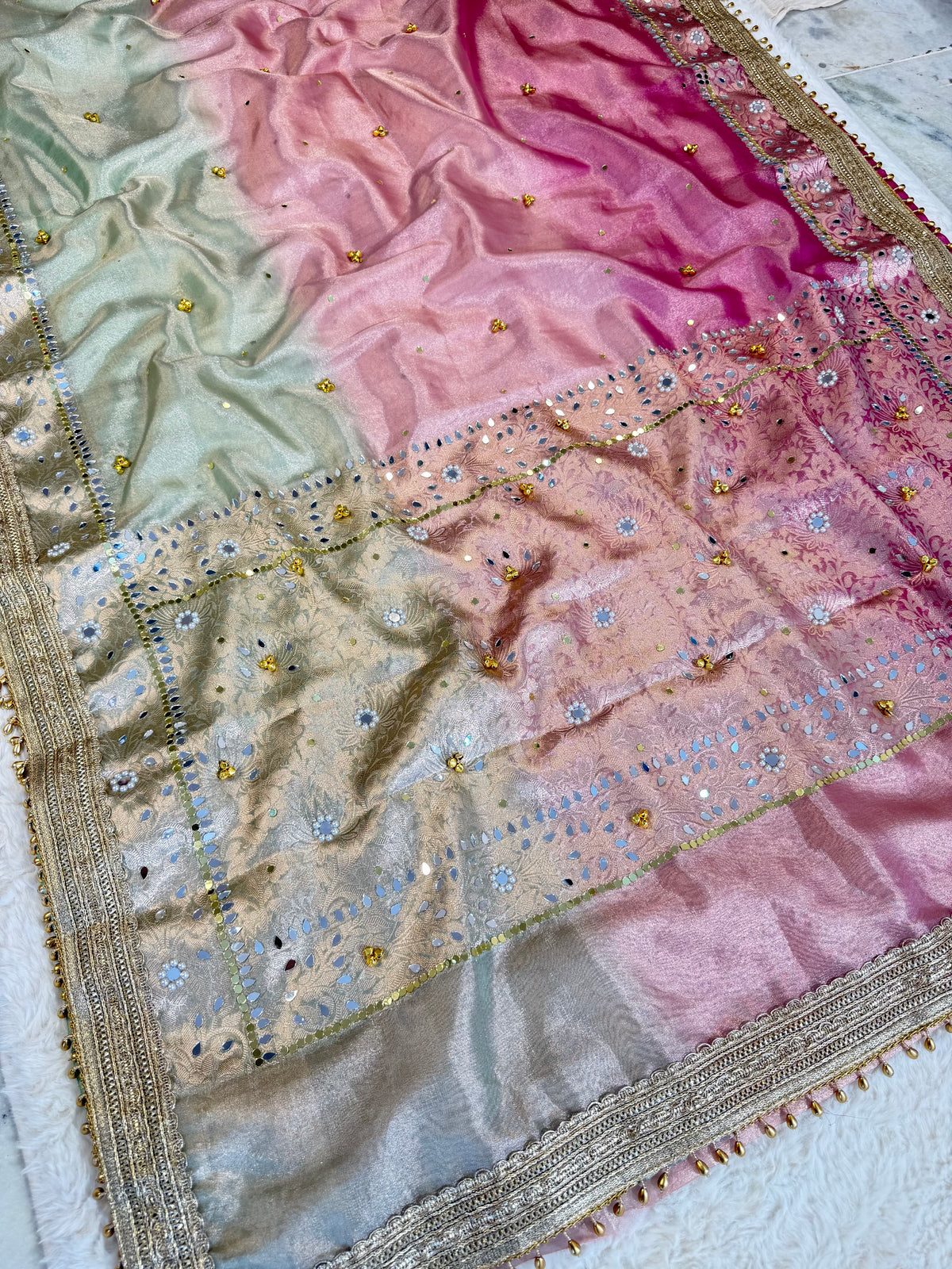 Banarasi Ghunghru and Mirror Work 3d Dye Tissue Silk Saree
