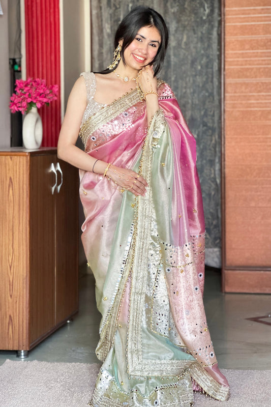 Banarasi Ghunghru and Mirror Work 3d Dye Tissue Silk Saree