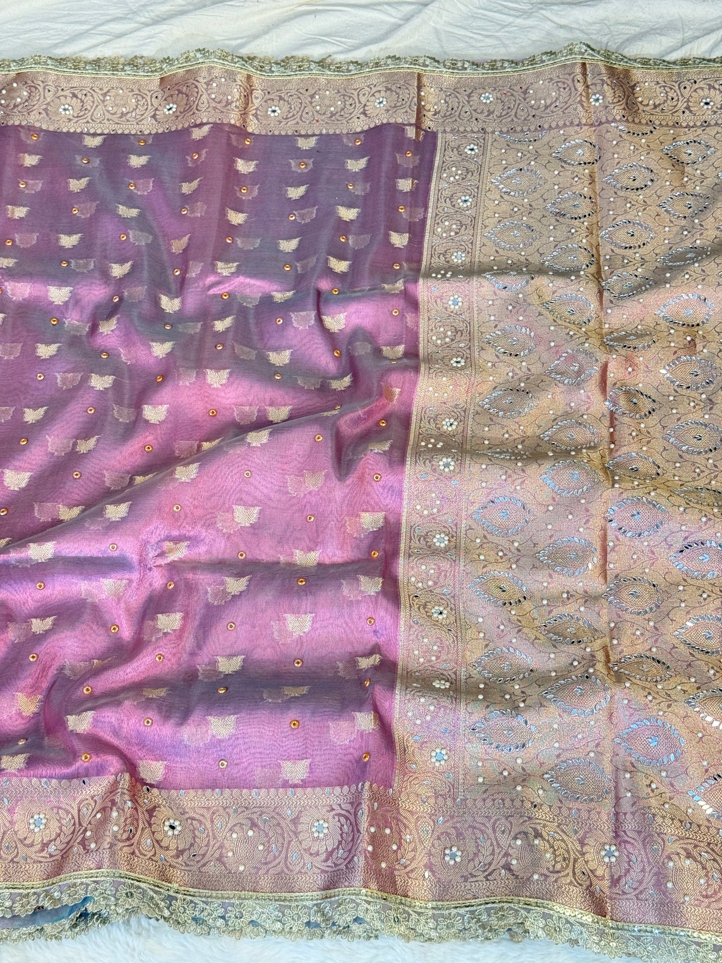 Banarasi handloom tissue silk mirror work saree