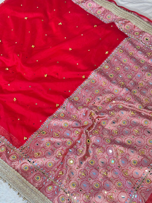 Banarasi Ghunghru and Mirror Work Kora Silk Saree