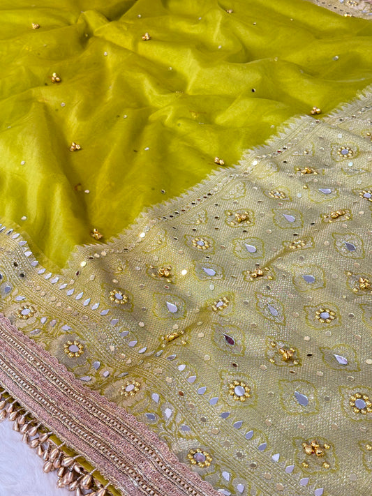 Banarasi Ghunghru and Mirror Work Kora Silk Saree