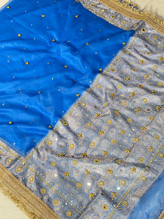 Banarasi Ghunghru and Mirror Work Kora Silk Saree