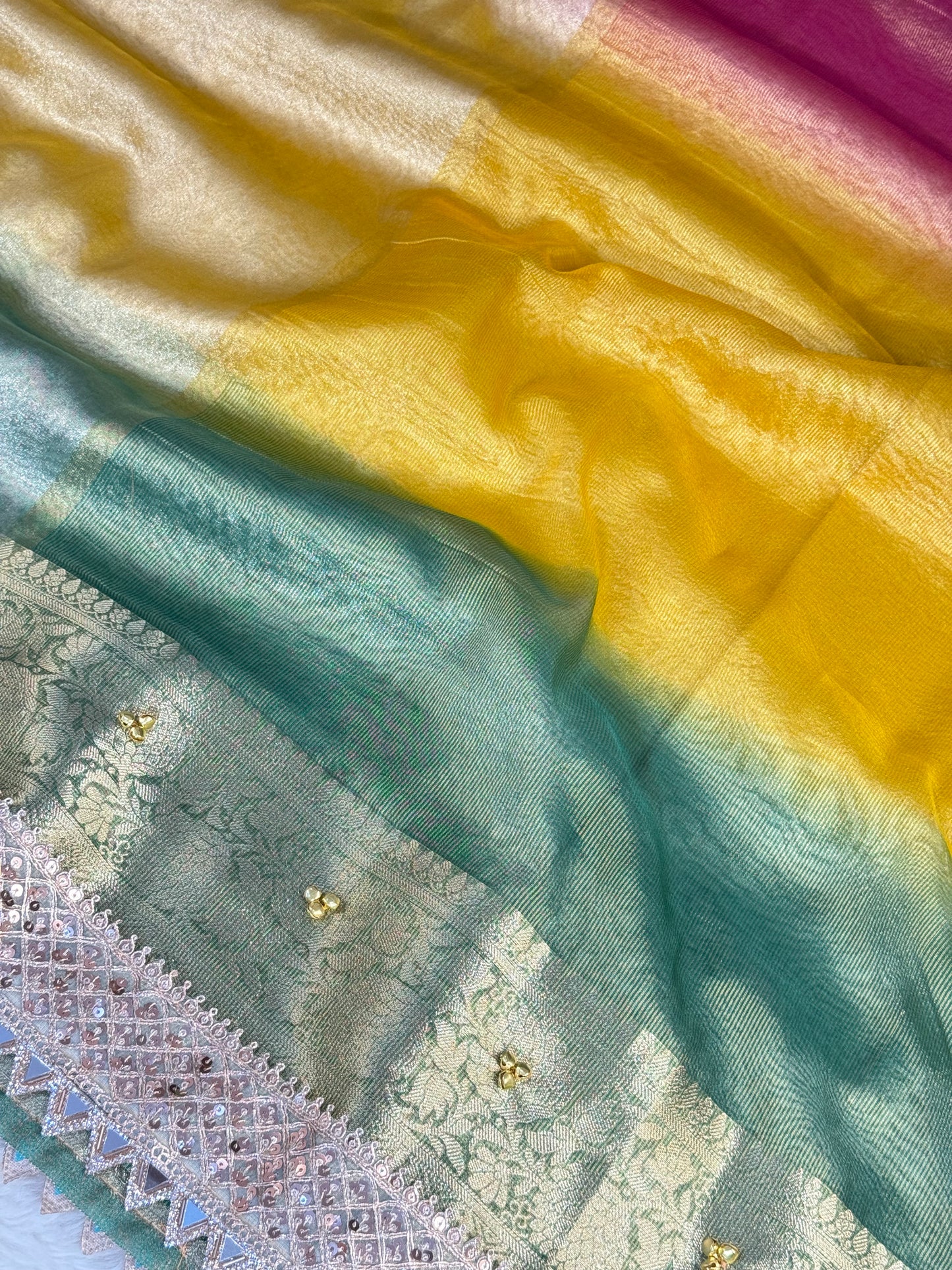 Banarasi Ghunghru and Mirror Work Tissue Silk Saree