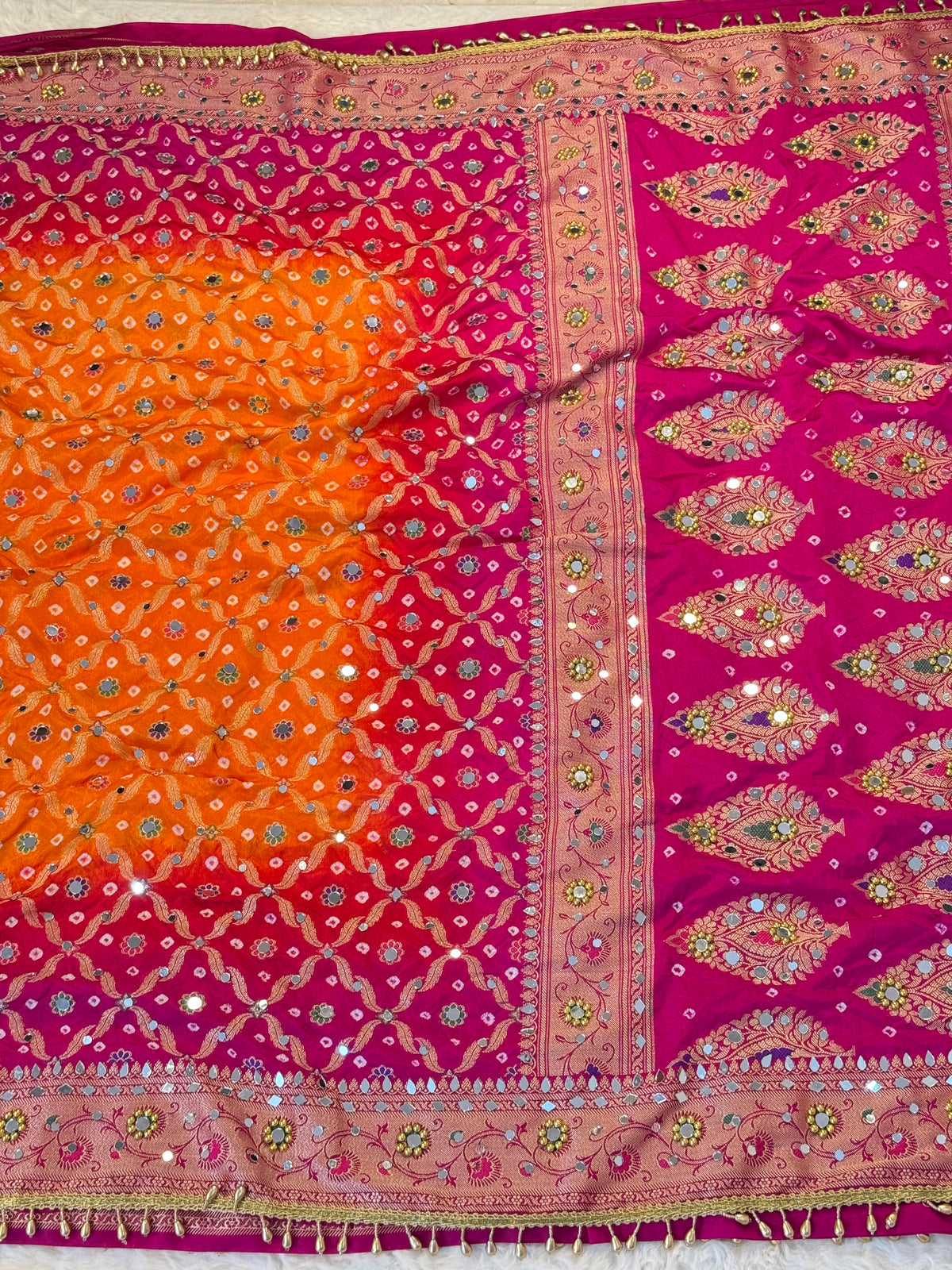 Banarasi Mirror Work Bandhej Soft Silk Saree