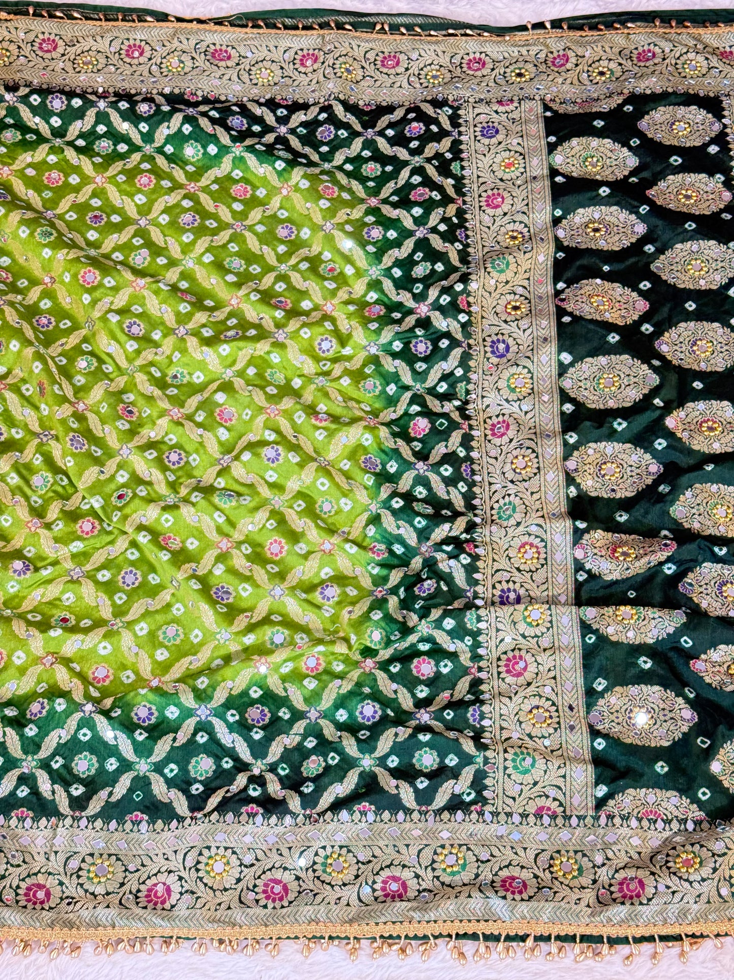 Banarasi Mirror Work Bandhej Soft Silk Saree