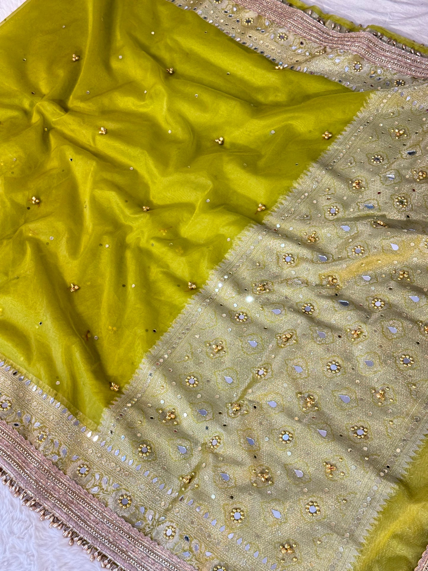 Banarasi Ghunghru and Mirror Work Kora Silk Saree
