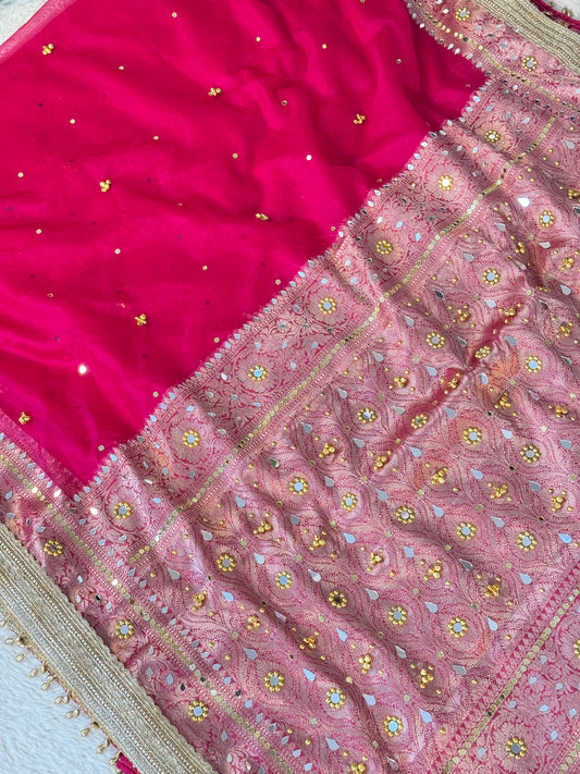 Banarasi Ghunghru and Mirror Work Kora Silk Saree