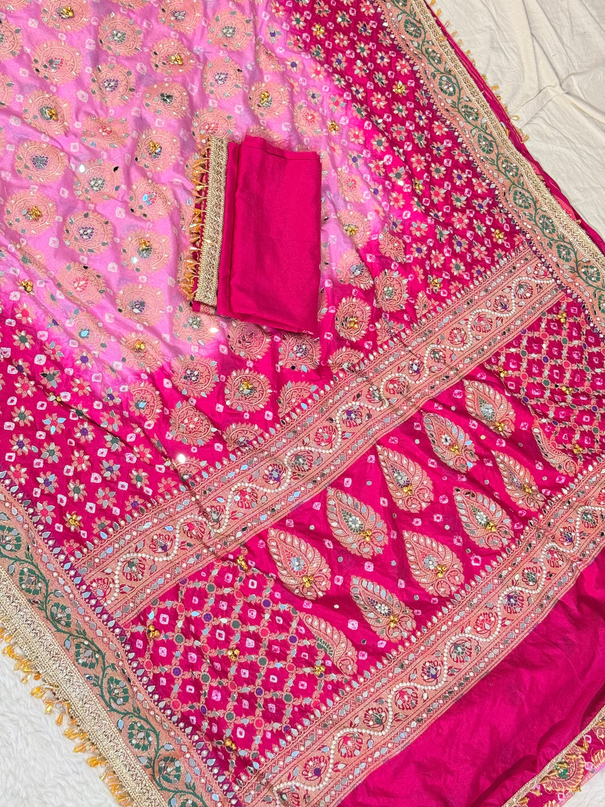 Banarasi Ghunghru and Mirror Work Bandhej Soft Silk Saree