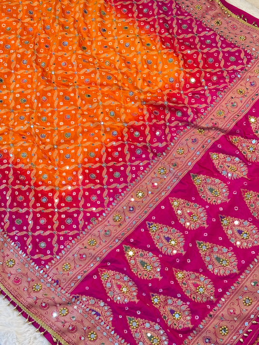 Banarasi Mirror Work Bandhej Soft Silk Saree