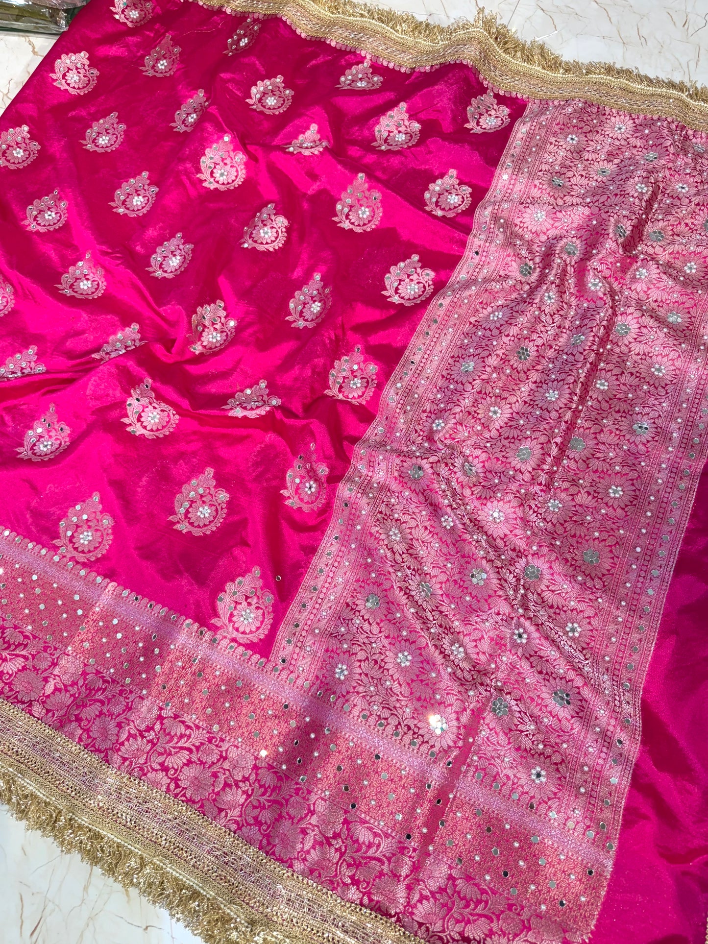 Banarasi Mirror Work Raw Mango Silk Saree