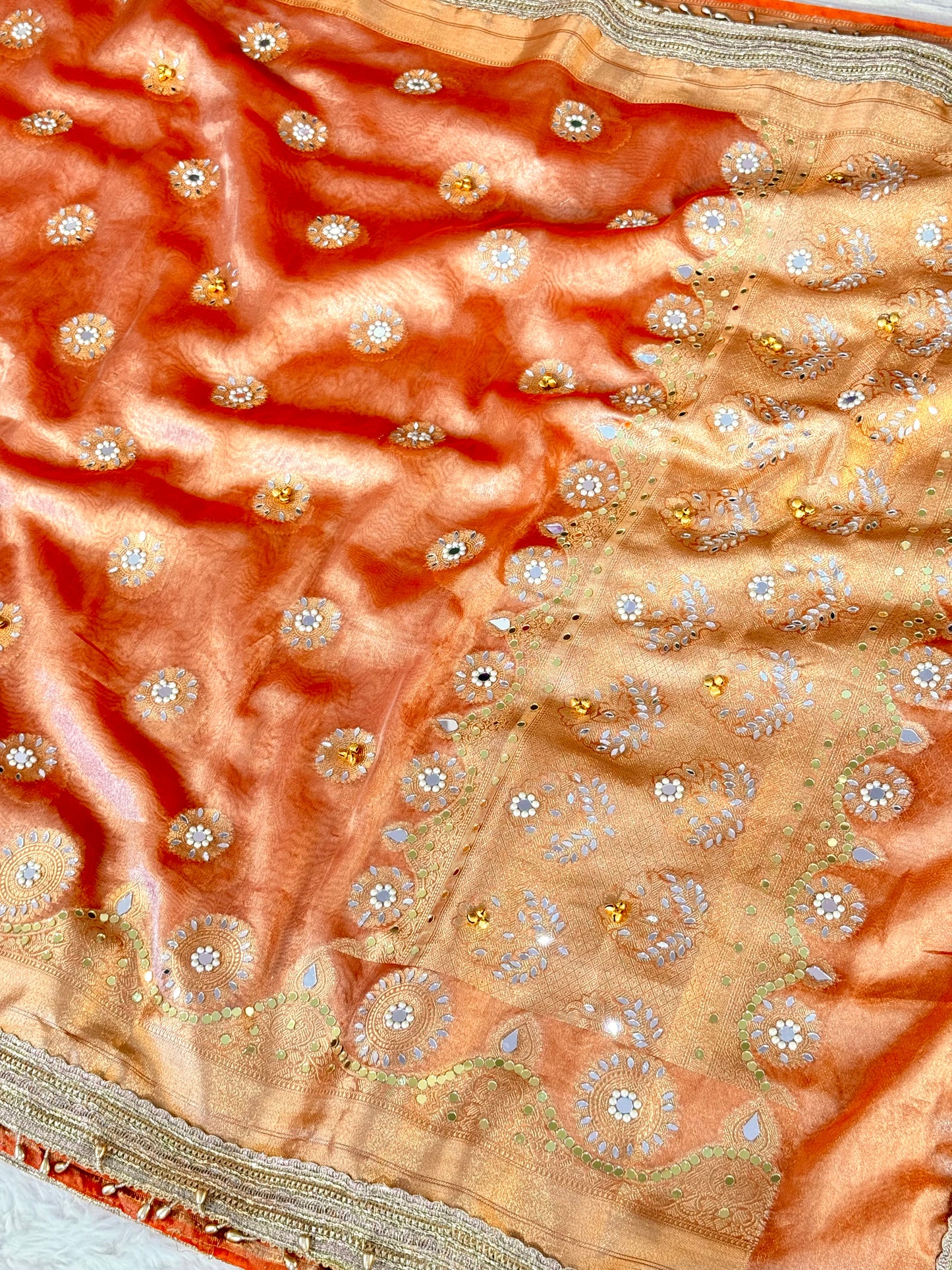 Banarasi Ghunghru and Mirror Work Tissue Silk Saree