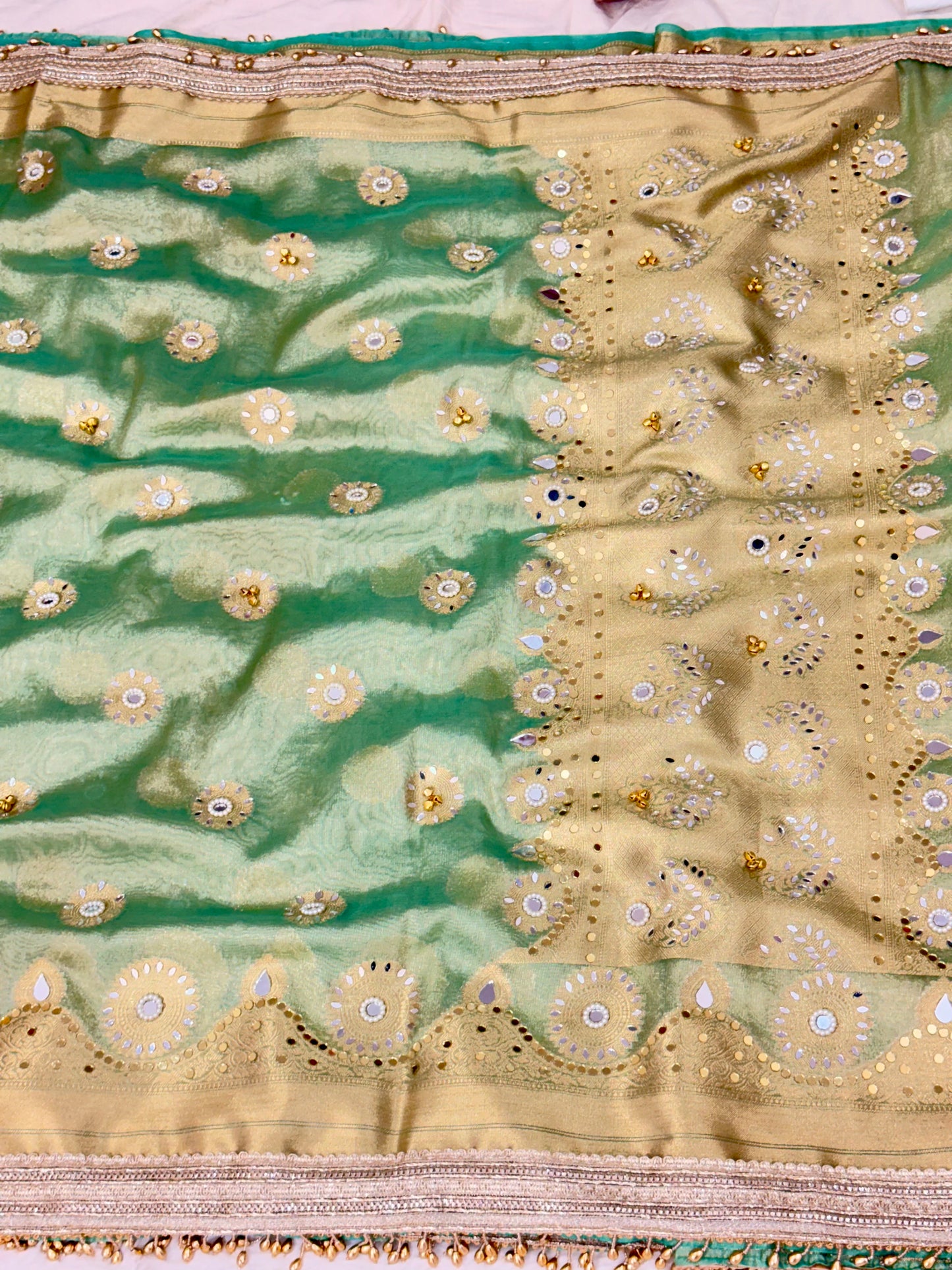 Banarasi Ghunghru and Mirror Work Tissue Silk Saree