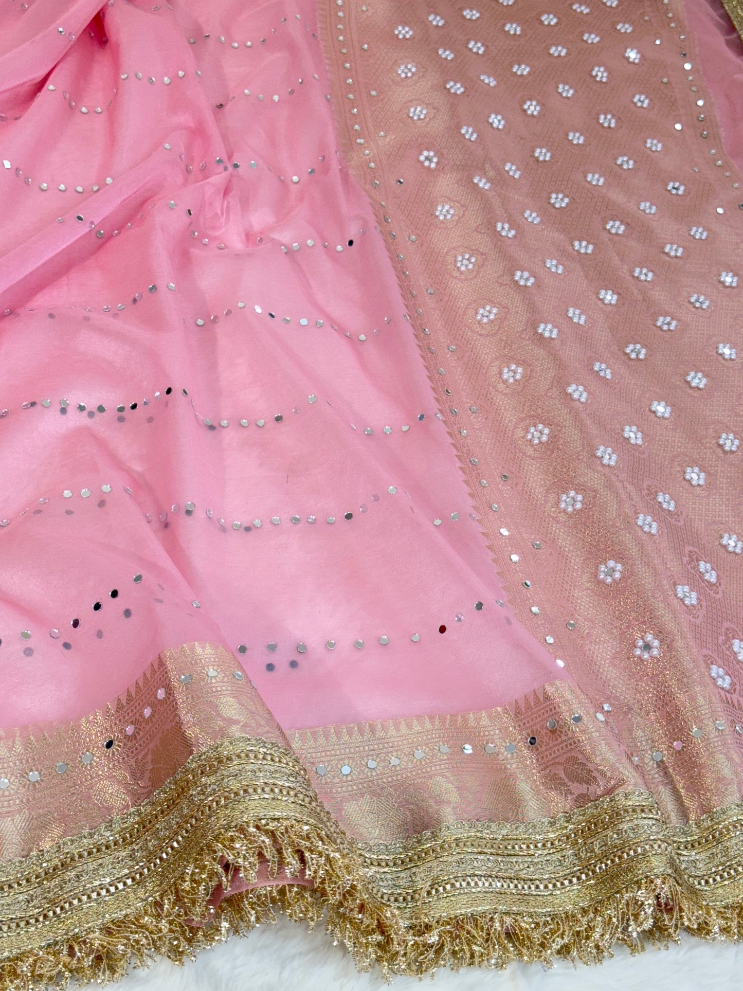 Banarasi Handloom Pearl Work Kora Silk Saree