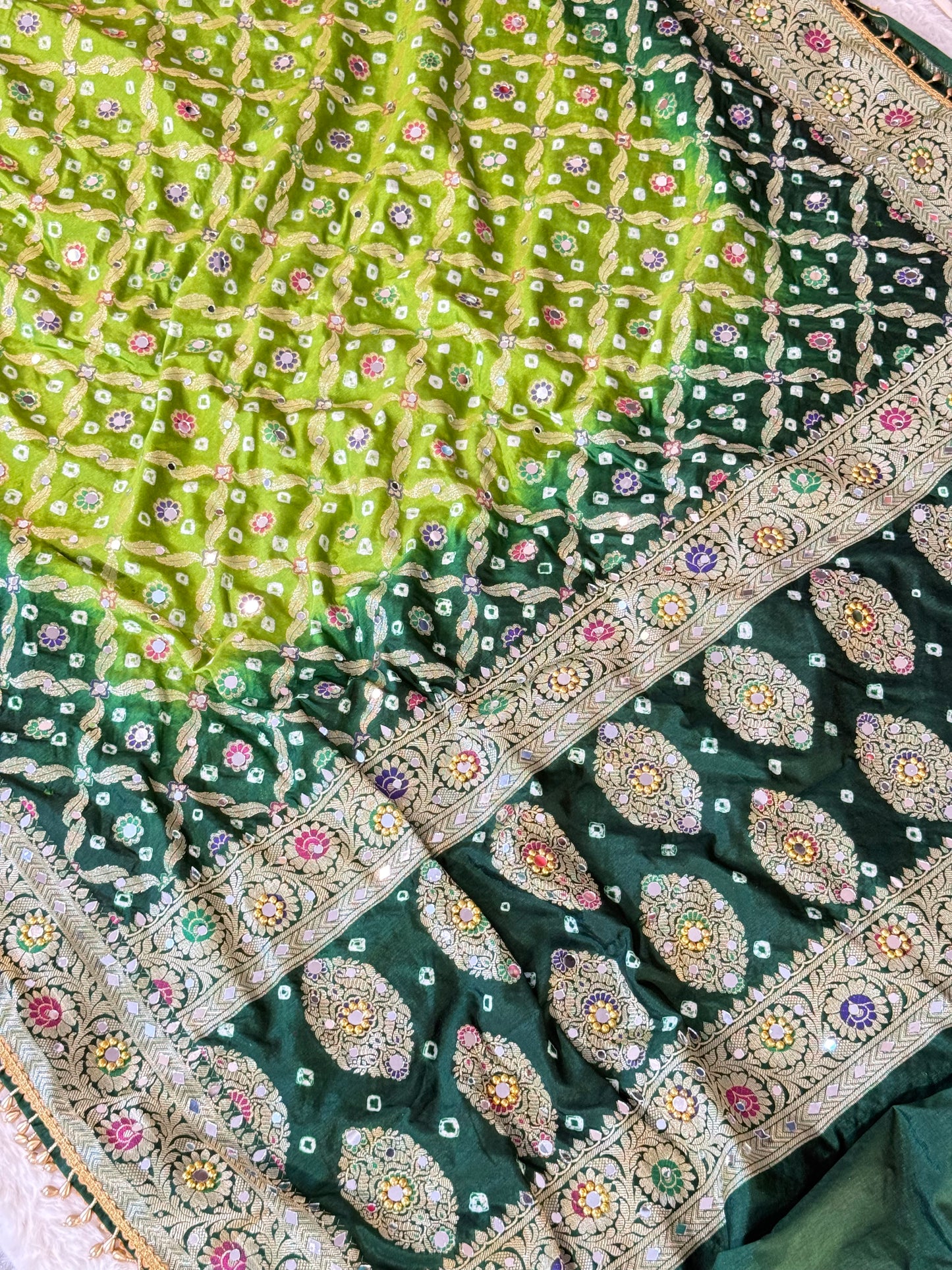 Banarasi Mirror Work Bandhej Soft Silk Saree