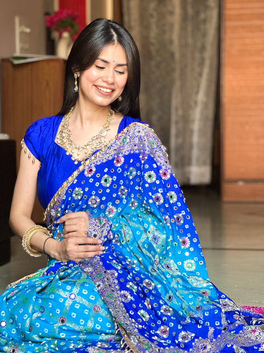 Banarasi Mirror Work Bandhej Soft Silk Saree