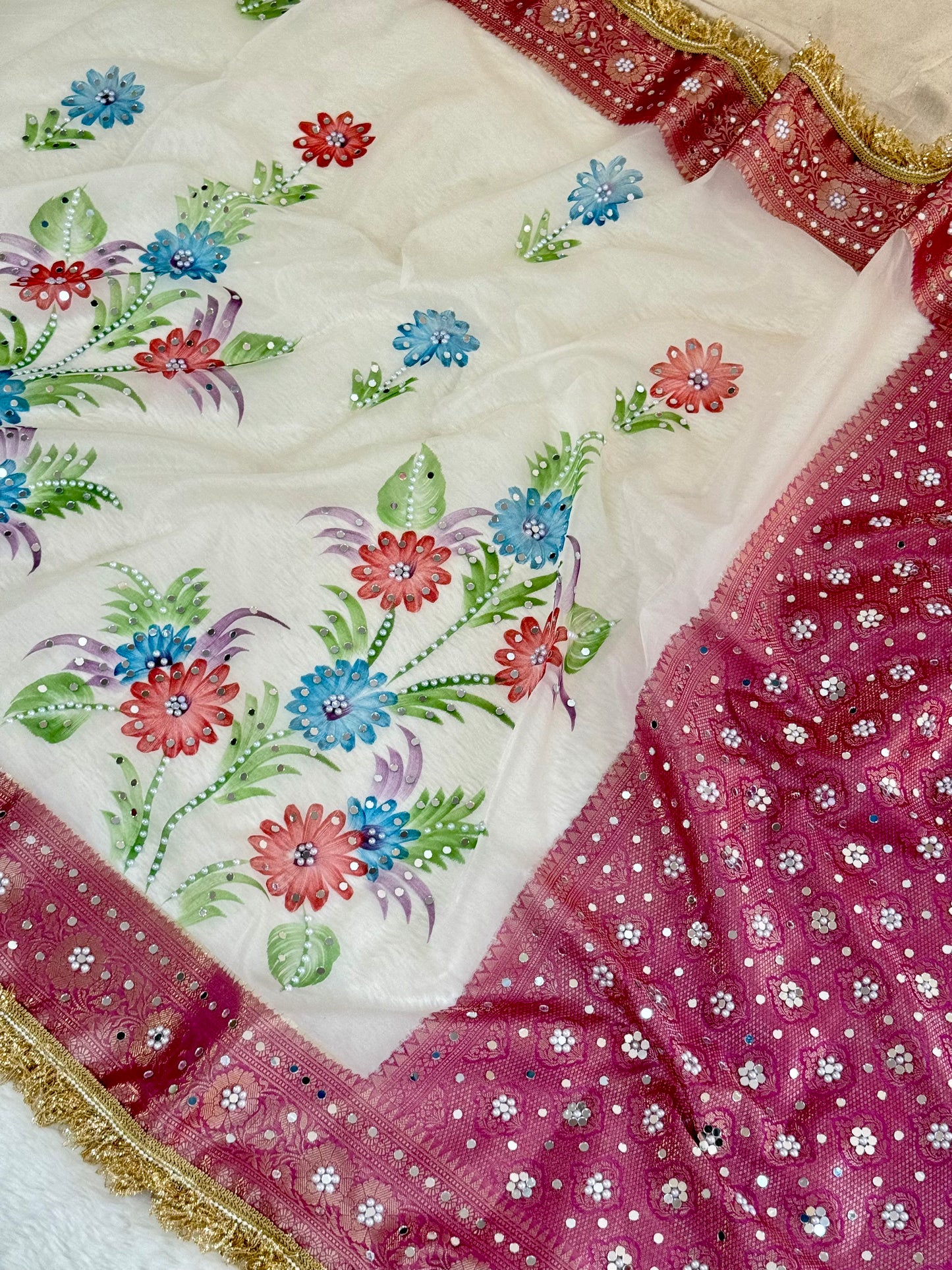Banarasi Mirror Work Kora Silk Saree