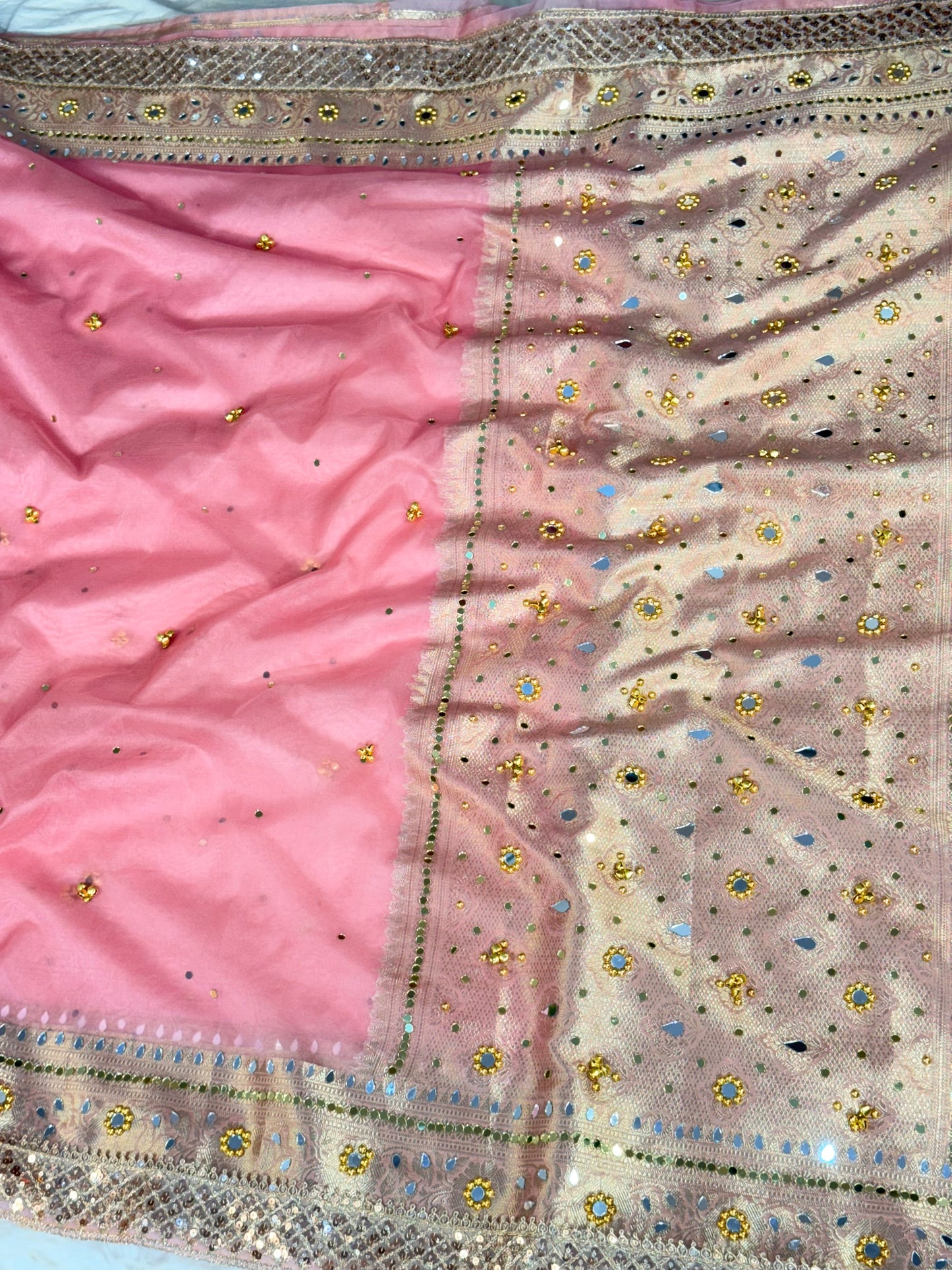 Banarasi Ghunghru and Mirror Work Kora Silk Saree
