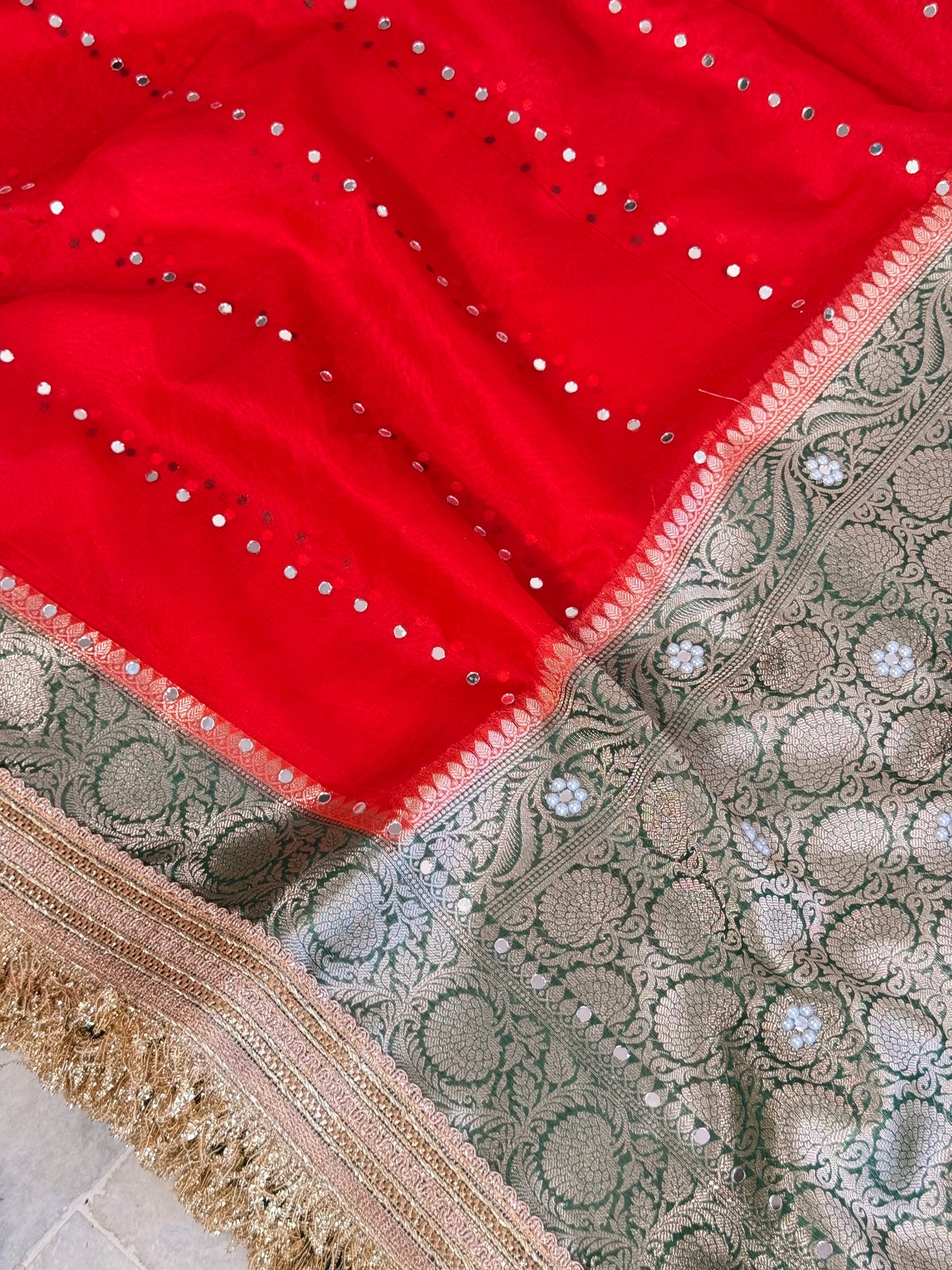 Banarasi Mirror Work Kora Silk Saree